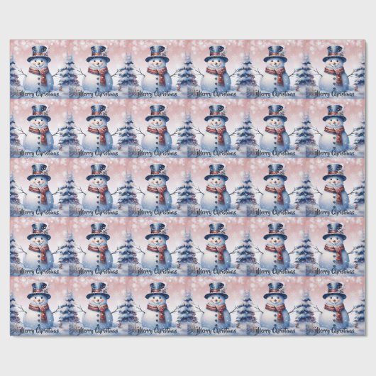 Winter Forest Snowman Kerstmis | Roze Cadeaupapier (Vlak)