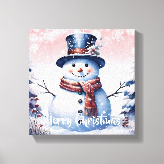 Winter Forest Snowman Kerstmis | Roze Canvas Afdruk (Voorkant)