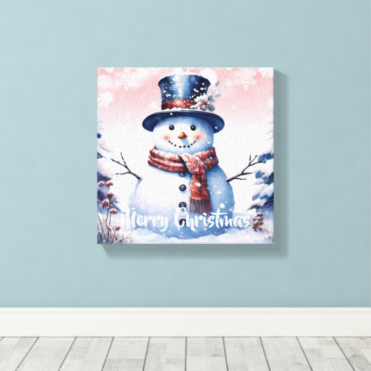 Winter Forest Snowman Kerstmis | Roze Canvas Afdruk (Insitu (Houten vloer))