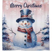 Winter Forest Snowman Kerstmis | Roze Douchegordijn (Voorkant)