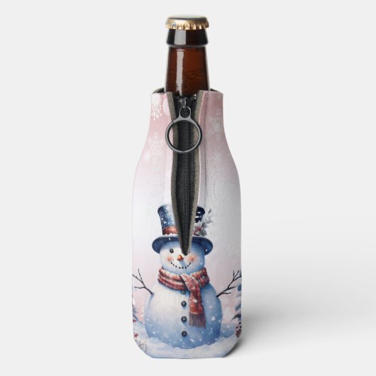 Winter Forest Snowman Kerstmis | Roze Flesjeskoeler (Fles Achterkant)