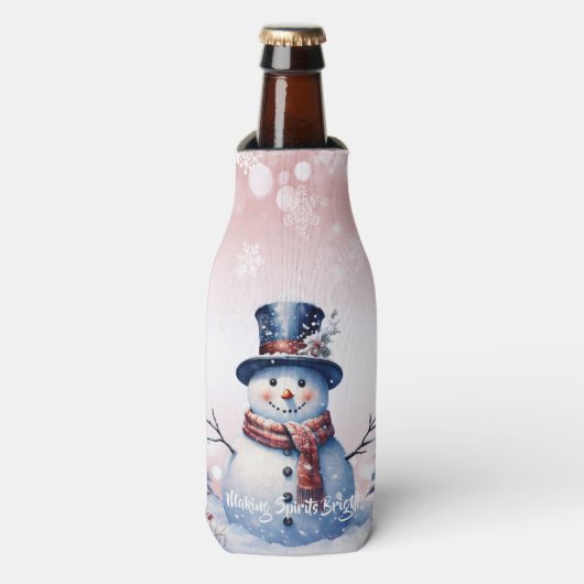 Winter Forest Snowman Kerstmis | Roze Flesjeskoeler (Fles Voorkant)