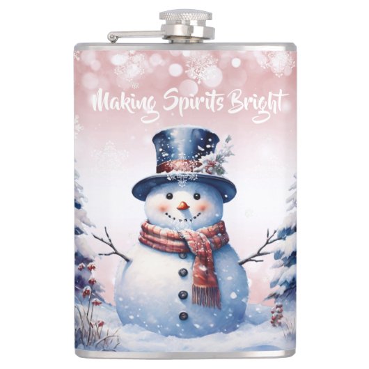 Winter Forest Snowman Kerstmis | Roze Heupfles (Voorkant)