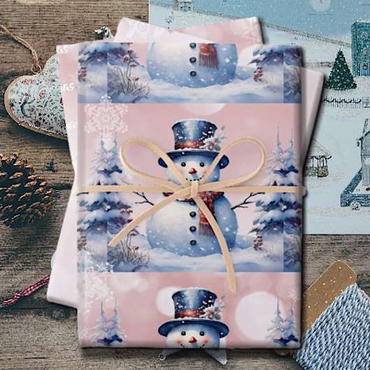 Winter Forest Snowman Kerstmis | Roze Inpakpapier Vel