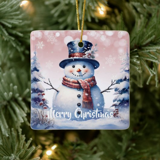 Winter Forest Snowman Kerstmis | Roze Keramisch Ornament (Boom)