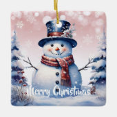 Winter Forest Snowman Kerstmis | Roze Keramisch Ornament (Voorkant)