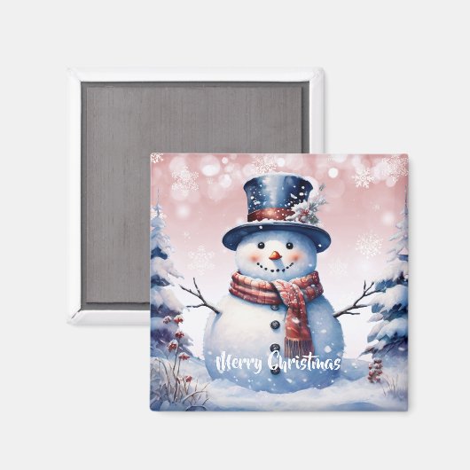 Winter Forest Snowman Kerstmis | Roze Magneet (Voorkant / Achterkant)