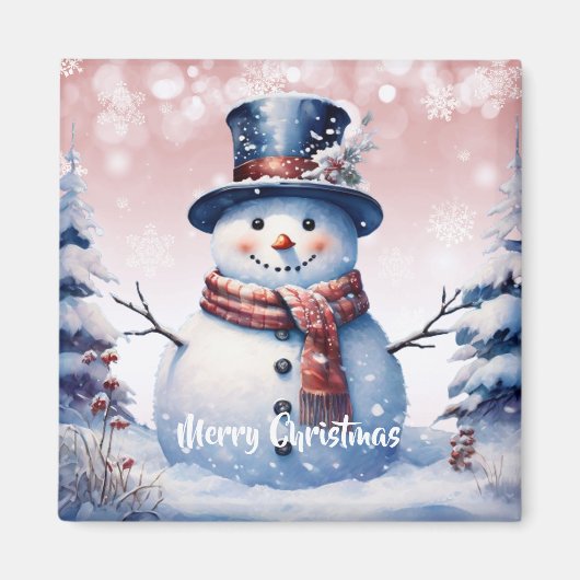 Winter Forest Snowman Kerstmis | Roze Magneet (Voorkant)
