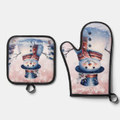 Winter Forest Snowman Kerstmis | Roze Ovenwant & Pannenlap Set (Voorkant)