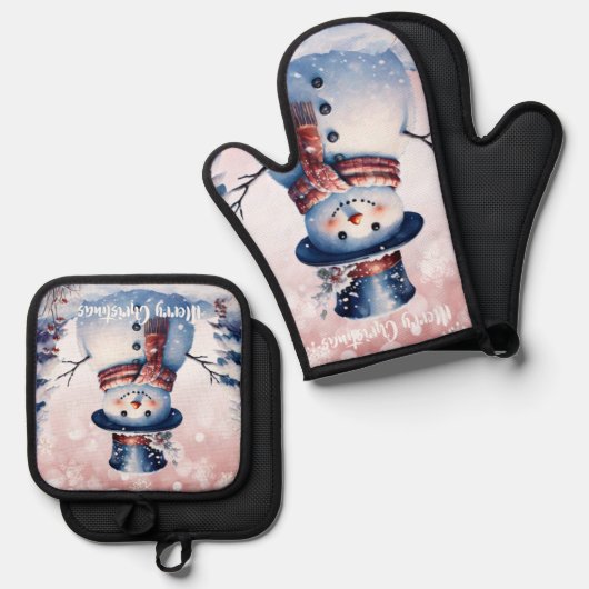 Winter Forest Snowman Kerstmis | Roze Ovenwant & Pannenlap Set (Voorkant / Achterkant)