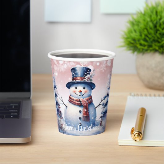 Winter Forest Snowman Kerstmis | Roze Papieren Bekers (Insitu)