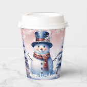 Winter Forest Snowman Kerstmis | Roze Papieren Bekers (Voorkant)