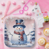 Winter Forest Snowman Kerstmis | Roze Papieren Bordje (Feest)