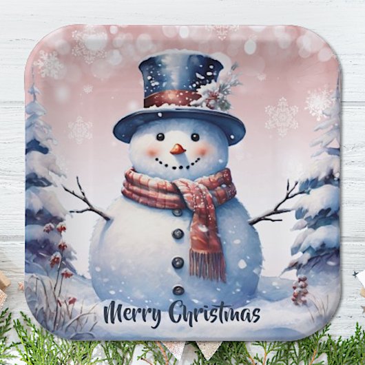 Winter Forest Snowman Kerstmis | Roze Papieren Bordje