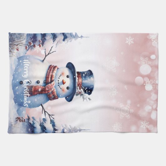 Winter Forest Snowman Kerstmis | Roze Theedoek (Horizontaal)