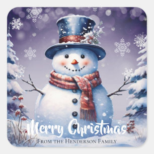 Winter Forest Snowman Vrolijk Kerstfeest   Paars Vierkante Sticker