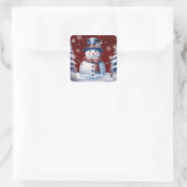 Winter Forest Snowman Vrolijk Kerstfeest | Red Vierkante Sticker (Tas)