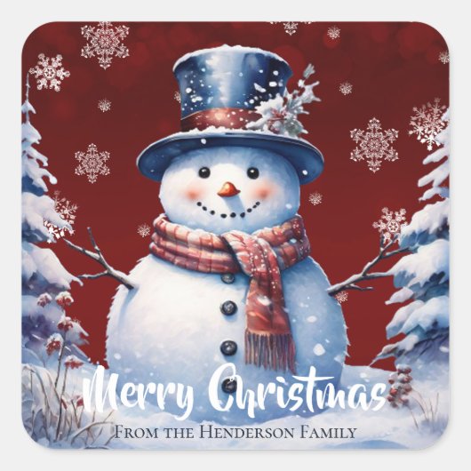 Winter Forest Snowman Vrolijk Kerstfeest | Red Vierkante Sticker (Voorkant)