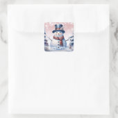 Winter Forest Snowman Vrolijk Kerstfeest | Roze Vierkante Sticker (Tas)