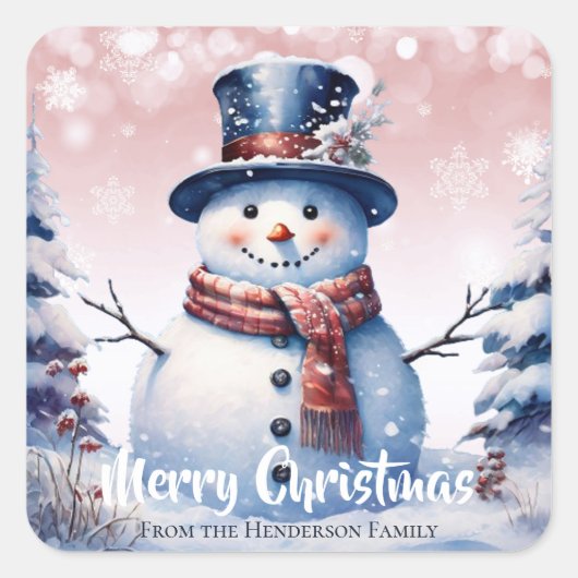 Winter Forest Snowman Vrolijk Kerstfeest | Roze Vierkante Sticker (Voorkant)