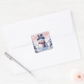 Winter Forest Snowman Vrolijk Kerstfeest | Roze Vierkante Sticker (Envelop)