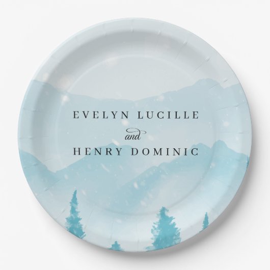 Winter Forest Snowy Mountain Wedding Papieren Bordje (Voorkant)