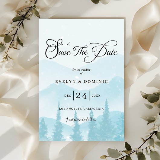 Winter Forest Snowy Mountain Wedding Save The Date