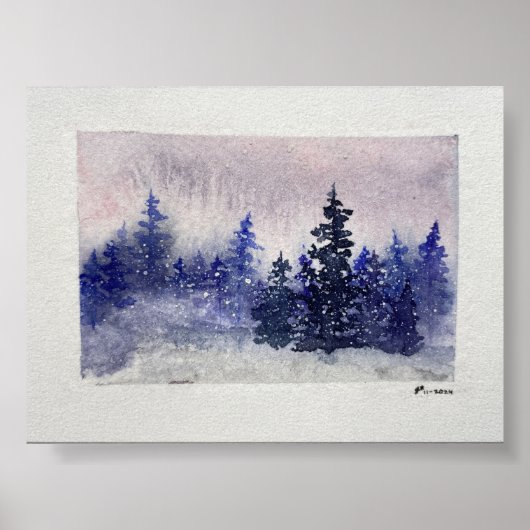 Winter Forest Twilight First Waterverf Art Print (Voorkant)