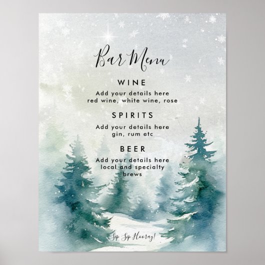 Winter Forest Wedding Bar Menu Teken Poster (Voorkant)