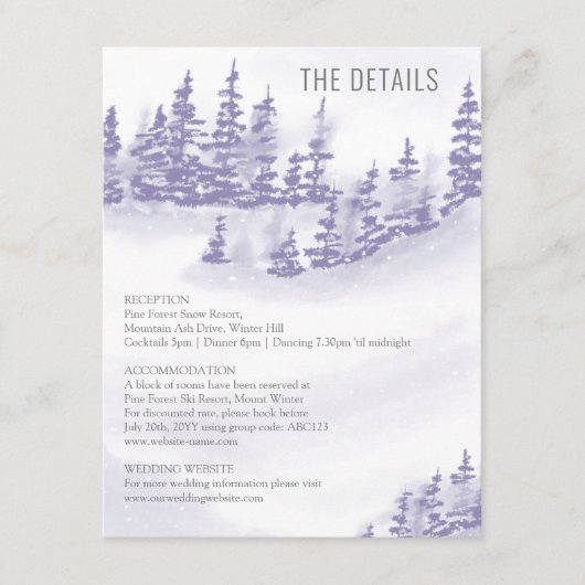 Winter Forest Wedding Details Lavender Waterverf Informatiekaartje (Voorkant)