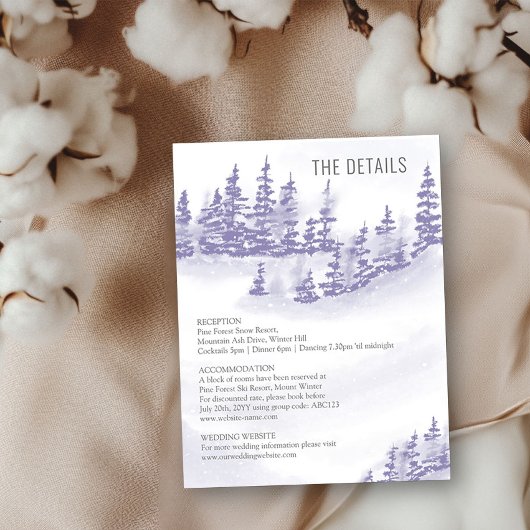 Winter Forest Wedding Details Lavender Waterverf Informatiekaartje