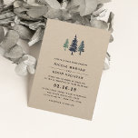 Winter Forest Wedding Invitation Kaart<br><div class="desc">Onze uitnodiging voor een bruiloft met een roodbos,  met een trio dennenboomsilhouettes in koele windenergie-tinten blauw. Ideaal voor winterbruiloften in bosgebieden,  bossen,  berggebieden of buitenshuis. Deze unieke zijn gedrukt op bruin kraftpapier met je trouwgegevens in zwarte typografie. Kaarten keren terug naar een coördinerend bospatroon voor dennenbomen.</div>