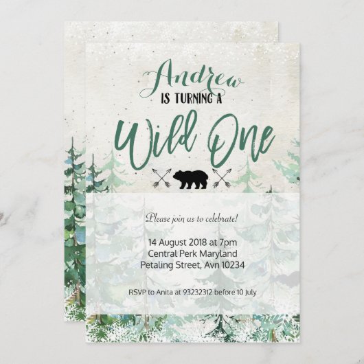 Winter Forest Wild One Birthday Invitation Kaart (Voorkant / Achterkant)