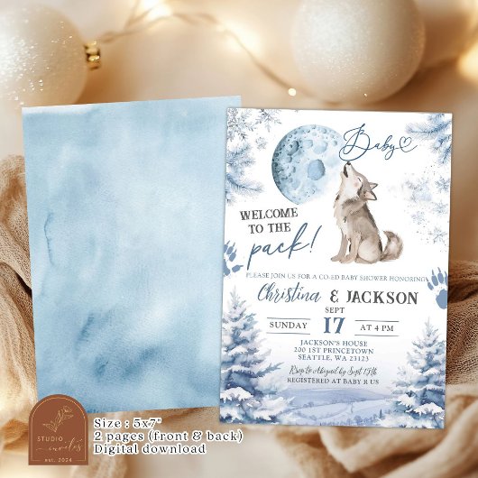 Winter Forest Wolf Howling Co-Ed Baby shower Kaart