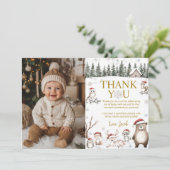 Winter Forest Woodland Animals Verjaardagsfoto Bedankkaart (Staand voorkant)