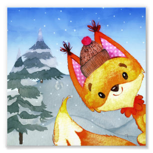 Winter Forest Woodland Friends Fox Illustratie Foto Afdruk