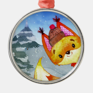Winter Forest Woodland Friends Fox Illustratie Metalen Ornament