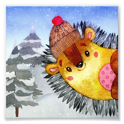 Winter Forest Woodland Friends Hedegel Drawing Foto Afdruk (Voorkant)