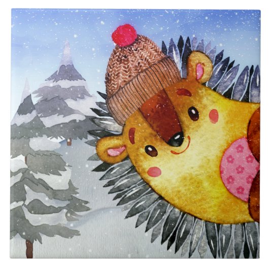 Winter Forest Woodland Friends Hedegel Drawing Tegeltje (Voorkant)