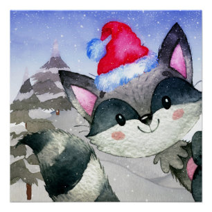 Winter Forest Woodland Friends Racoon Illustratie Poster