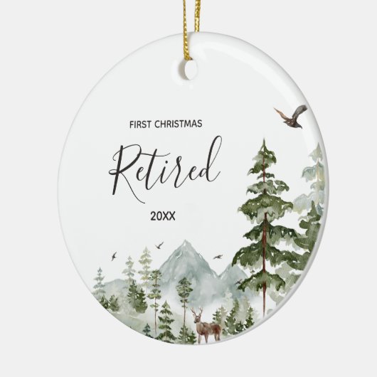 Winter Forest Woodland met pensioen Eerste Kerstmi Keramisch Ornament (Links)