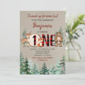 Winter Forest Woodland Red Pset First Birthday Kaart (Staand voorkant)