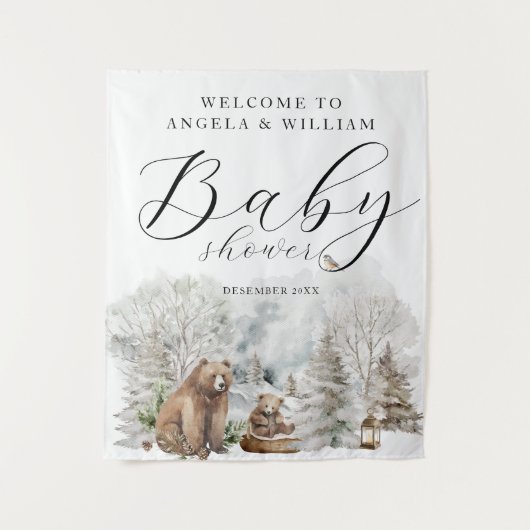 Winter Forest Woodland Rustic Baby Shower Welcome Wandkleed (Voorkant)