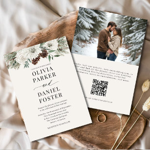 Winter Foto QR Code Elegant Evergreen Wedding Kaart