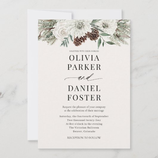 Winter Foto QR Code Elegant Evergreen Wedding Kaart (Voorkant)