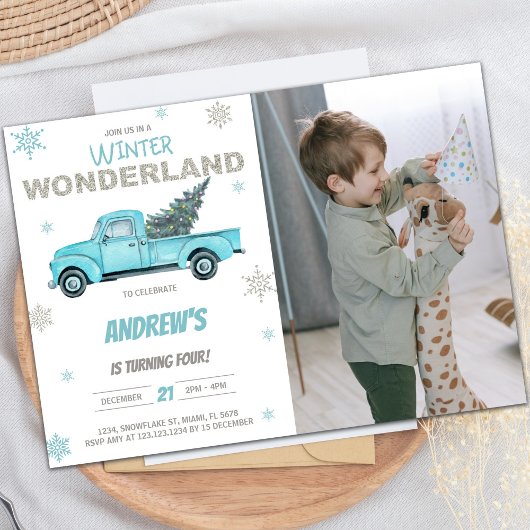 Winter Foto Wonderland Truck Birthday Invitations Kaart