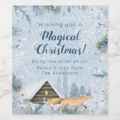 Winter Fox Cabin Sneeuw Gepersonaliseerde Kerstmis Wijn Etiket (Enkel label)