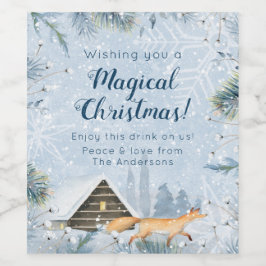 Winter Fox Cabin Sneeuw Gepersonaliseerde Kerstmis Wijn Etiket