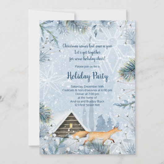 Winter Fox Cabin Sneeuw Kerstfeest Uitnodiging (Voorkant)