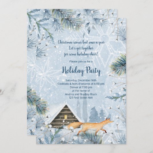 Winter Fox Cabin Sneeuw Kerstfeest Uitnodiging (Voorkant / Achterkant)